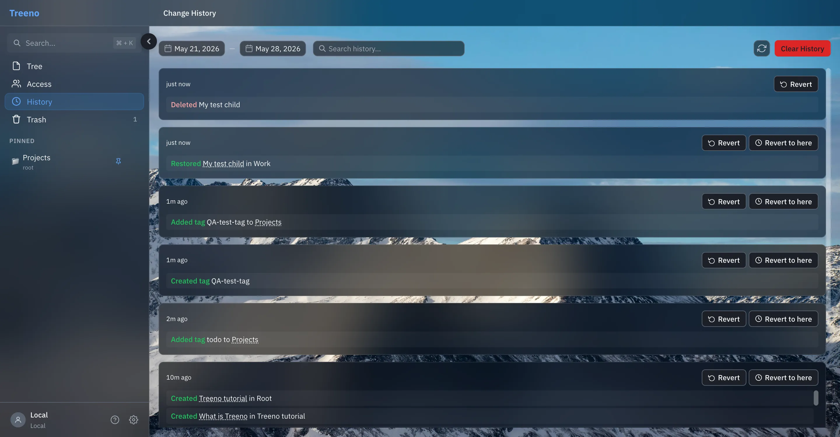 Treeno per-node history view with revert