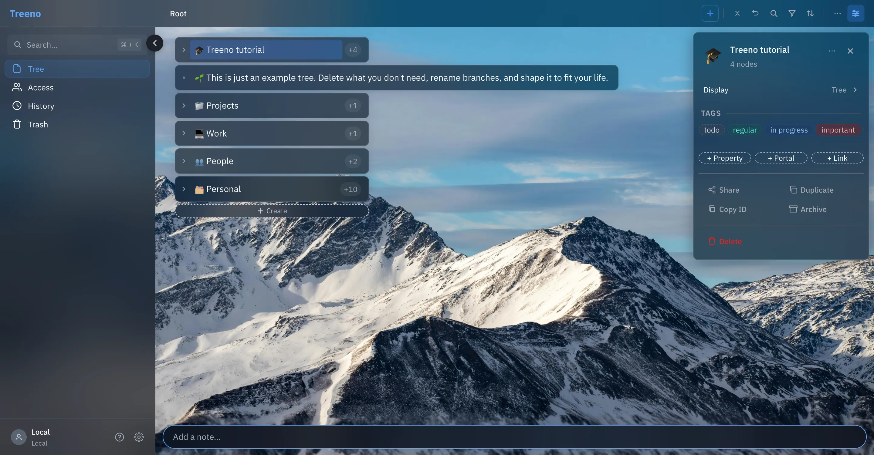 Treeno tree view on desktop, showing a nested project breakdown with an inspector panel